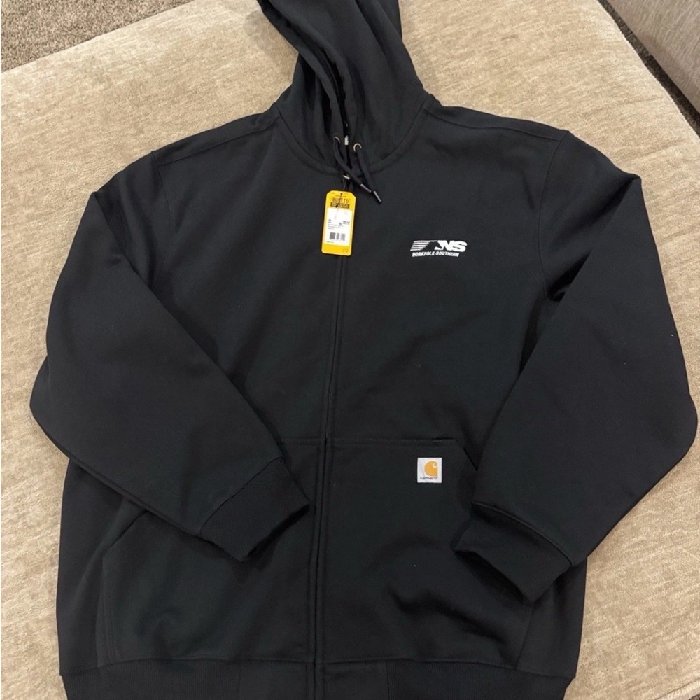 Carhartt Black Hooded zip up jacket. Norfolk southern logo